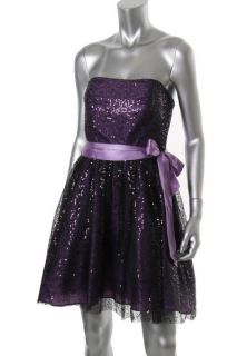 Oleg Cassini New Purple Sequined Baby Doll Strapless Belted Semi 