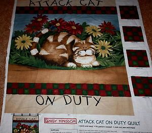 COTTON Fabric Panel Attack Cat On Duty Daisy Kingdom Make Wall Quilt 