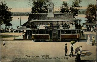 Chautauqua NY Double Deck Car Celoron Park Scene c1910 Postcard