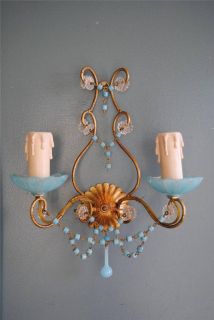  Blue Opaline Wall Sconce Macaroni Beaded 2 Matching Chandeliers
