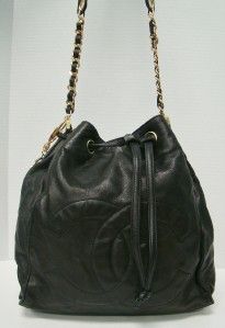 Authentic Chanel Lambskin Leather Black Vintage Drawstring Shoulder 
