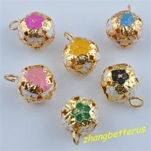    Painted Flower Gold Plated jingle bells beads Xmas Charms 17 12mm