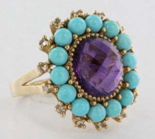 Vintage Yellow Gold Amethyst Turquoise Big Cocktail Ring Estate Fine 