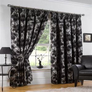 Pair Heavy Woven Chenille Lined Curtains Black Pewter Silver 46 66 90 