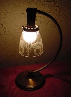 Vintage Art Deco Brass Chase Table Lamp w Glass Shade