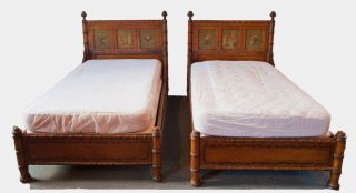 RARE Antique Faux Bamboo Twin Beds w French Shabby Angel Cherub 