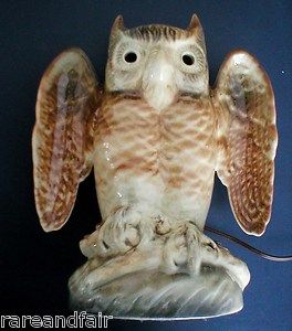 Owl porcelain table lamp with spread wings   1940s