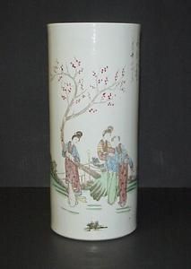   Pottery Cylinder Vase Hand Painted Women Cherry Blossom Tree