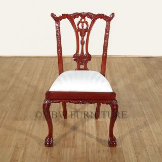 Solid Mahogany Cherry Finish Chippendale Cream Striped Dining Chairs 8 