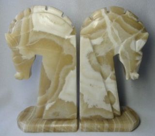 Solid Marble Bookends Horse Heads Brown Ivory 9 Tall