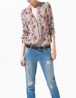 CHIC FLORAL PRINTS V NECK LONG SLEEVE CHIFFON BLOUSE TOP WITH STUDS 