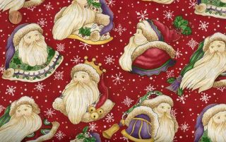 Christmas Spirit Santas on Red Fabric Diane Knott