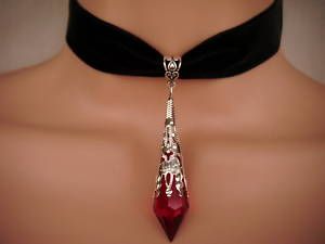 Black Velvet Choker Necklace Red Glass Drop Vampire