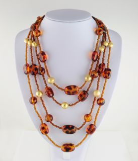 Chicos Faux Tortoise Shell Bead 4 Tier Nesting Necklace 14KT Yellow 