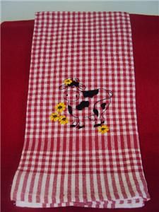 Red Checkered Embroidered Hand Kitchen Linen Towel Cow Sunflower 