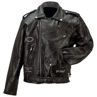   Genuine Buffalo Leather Motorcycle Jacket with Christian Patches