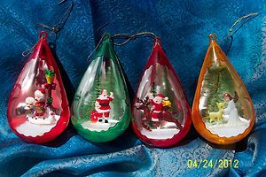   of 4 Vintage Diorama Plastic Christmas Ornaments Bulbs Scenes
