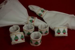 Fabric Christmas Tree Napkin Ring Holders Set of 8 White NEW