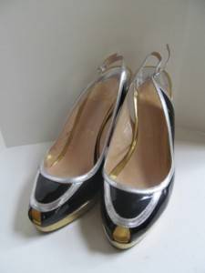 Christian Louboutin Black Silver Leather Peep Toe Slingback Shoes