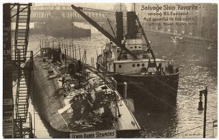  Lakes Steamer EASTLAND & Salvage Tug FAVORITE, Chicago River, ILL 1915