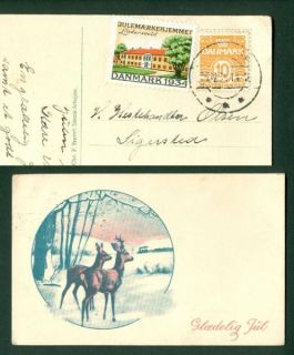 denmark christmas card 1934 with christmas seal stamp 10 ore cancel