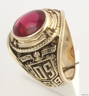 Syn Red Spinel 1959 Mens Class Ring   10k Yellow Gold Band Detailed