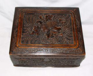 Superb Christmas Antique Carved Wood Box Casket Treen Trinket Jewelry