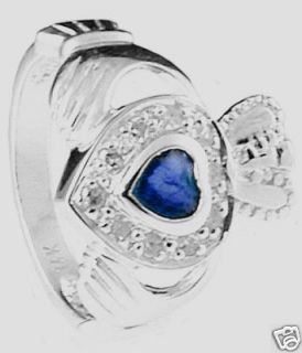 14k WhiteGold Diamond Sapphire Claddagh Engagement Ring