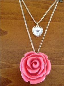 Auth Betsey Johnson Rose Garden and Crystal Heart Double Chain