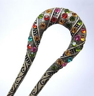 Bronze Clear Rainbow Colorful Swarovski Crystal Hair Pin Stick Fork