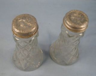 Vintage Diamond Clear Glass Salt & Pepper Shakers Metal Tops With