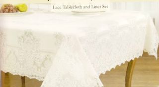 White Lace Polyester Fabric Tablecloth with Liner Scalloped Edges New