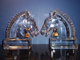 PAIR (TWO) HEISEY GLASS CLEAR CRYSTAL HORSE HEAD BOOKENDS 1937 55