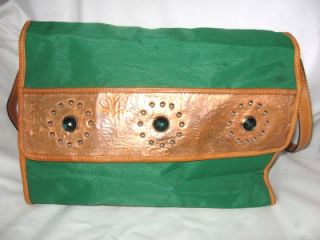 Vintage Unique Strawbridge Clothier Green Nylon Brass Leather Shoulder