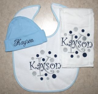 Personalized Baby Bib Burp Cloth Hat Set Embroidered PD