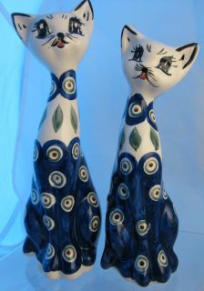 Set of 2 Polish Pottery Classic Peacock Cat Statues Figurines Blue