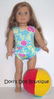 DOLL CLOTHES FITS AMERICAN GIRL BLUE FLORAL PRINT 1 PC SWIMSUIT BEACH