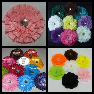  Flowers + Crochet Headband Boutique Hair Bows Alligator Clips Girls