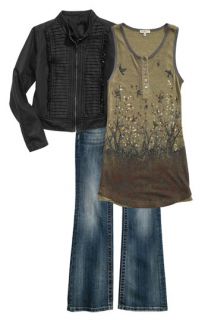 Miss Me Olive Tank & Wing Pocket Bootcut Jeans with Stella Starr Faux Leather Jacket (Big Girls)