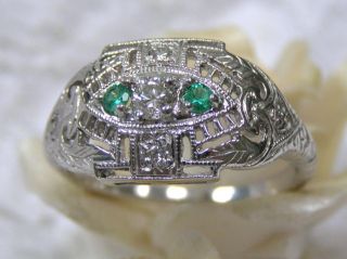  14kt White Gold Emerald Diamond Filigree Deco Cocktail Ring