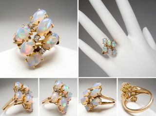 Vintage Natural Opal Cluster Cocktail Ring with Diamond Accents Solid