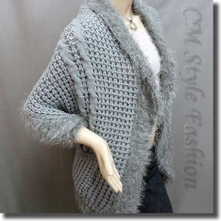 Fluffy Pockets Knit Cocoon Shrug Cardigan Sweater Top Gray M~L