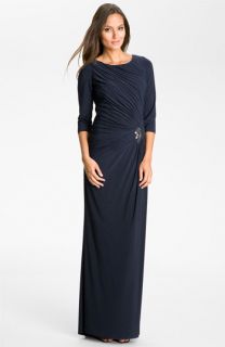 Adrianna Papell Elbow Sleeve Ruched Jersey Gown
