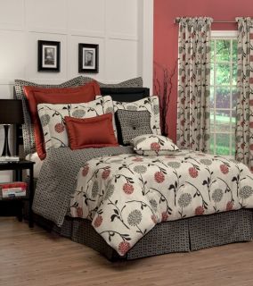 4pc Thomasville Red Black Gray Transitional Floral Design Comforter