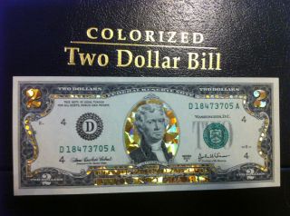  22 K GOLD 2 DOLLAR HOLOGRAM COLORIZED BILL LEGAL NOTE GIFT MONEY GOLD