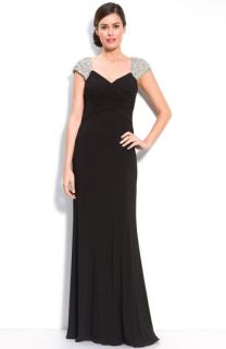 JS Boutique Beaded Sleeve Jersey Gown