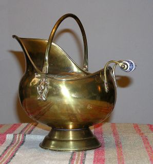 Vtg Brass Coal Scuttle Pot with Delft Handle by Dutch Copperware Made