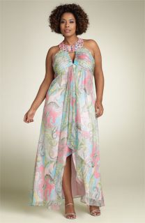 Cachet Paisley Chiffon Gown with Beaded Collar (Plus)