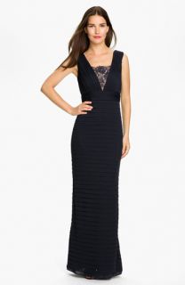 Adrianna Papell Pleated Lace Inset Mesh Gown