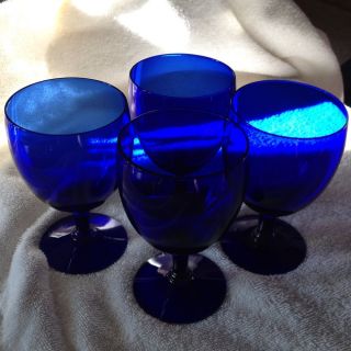  Of Four Vintage Handblown Crystal Cobalt Blue Glasses, Water, Or Wine